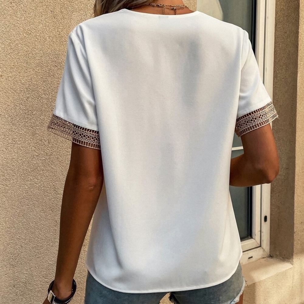Bohemian White V neck Lace Solid Minimalist Blouse - Picture 8 of 8